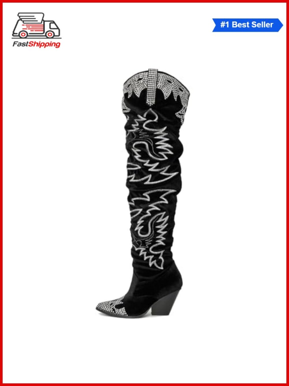 Rhinestone Embroidered Faux Leather Thigh High Boots Memory Foam 3 Inch Heel